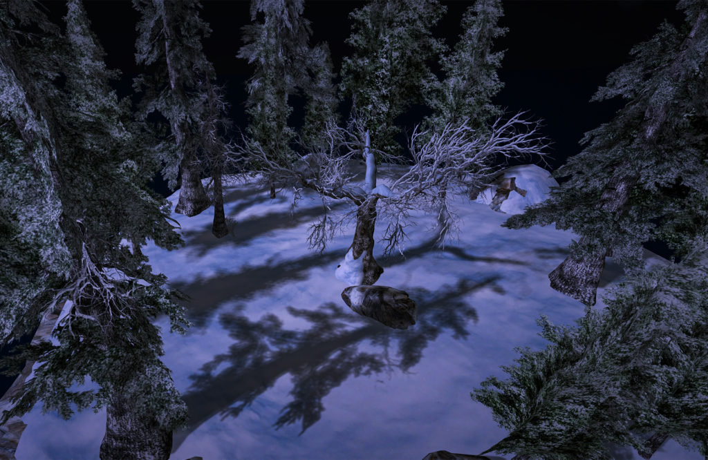 Rendering of a night winter scene using paint tools for texturing